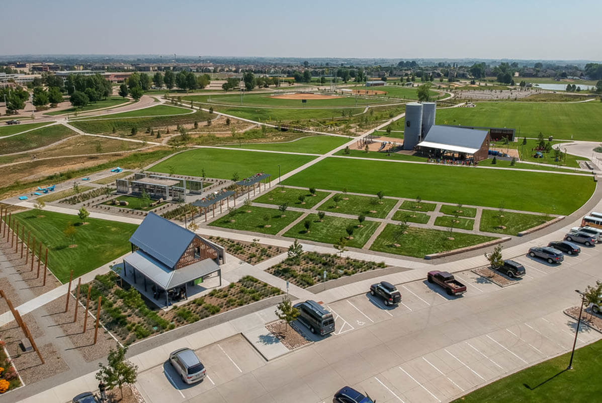 Aerial shot of Twin Silo Park in Fort Collins